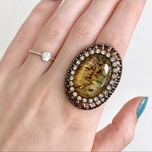 Vintage Marbled Stone Cocktail Ring Antique Gold Stretchy Flapper Costume 1920s